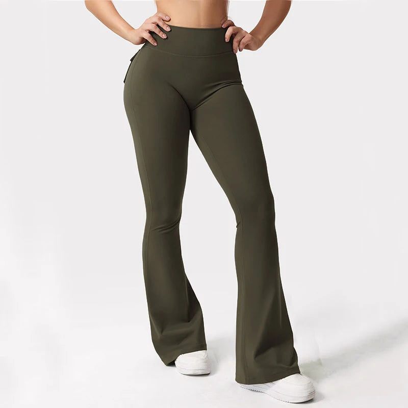 Women's Yoga Flare Trousers, High-Waisted Tummy-Control Wide-Leg with Pockets, Multi-Colors