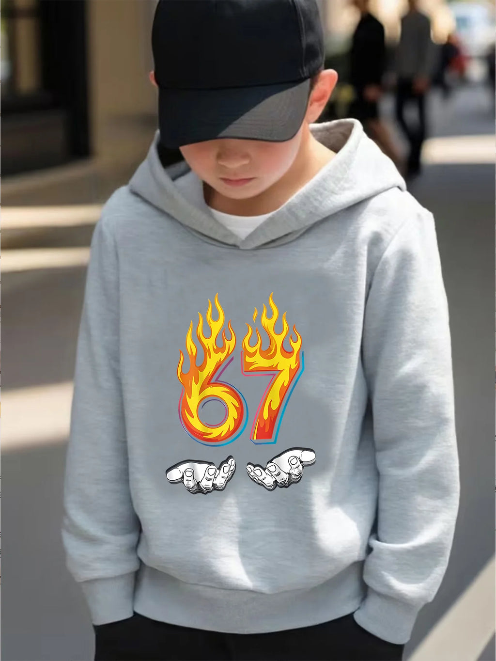 Children's Unisex Printed Flame 67 Pattern Hooded Sweatshirt in 4 Colors