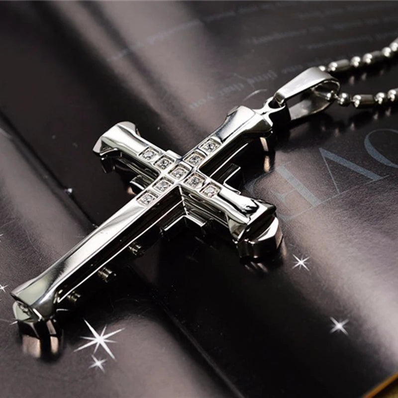 2025 Ins New Cross Pendant Necklace, Zircon Black Gold Color Stainless Steel Chain