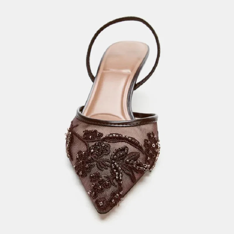 Brown String Bead Mesh Embroider Slingback High Heels Women Sexy Pointed Toe Heeled Sandals