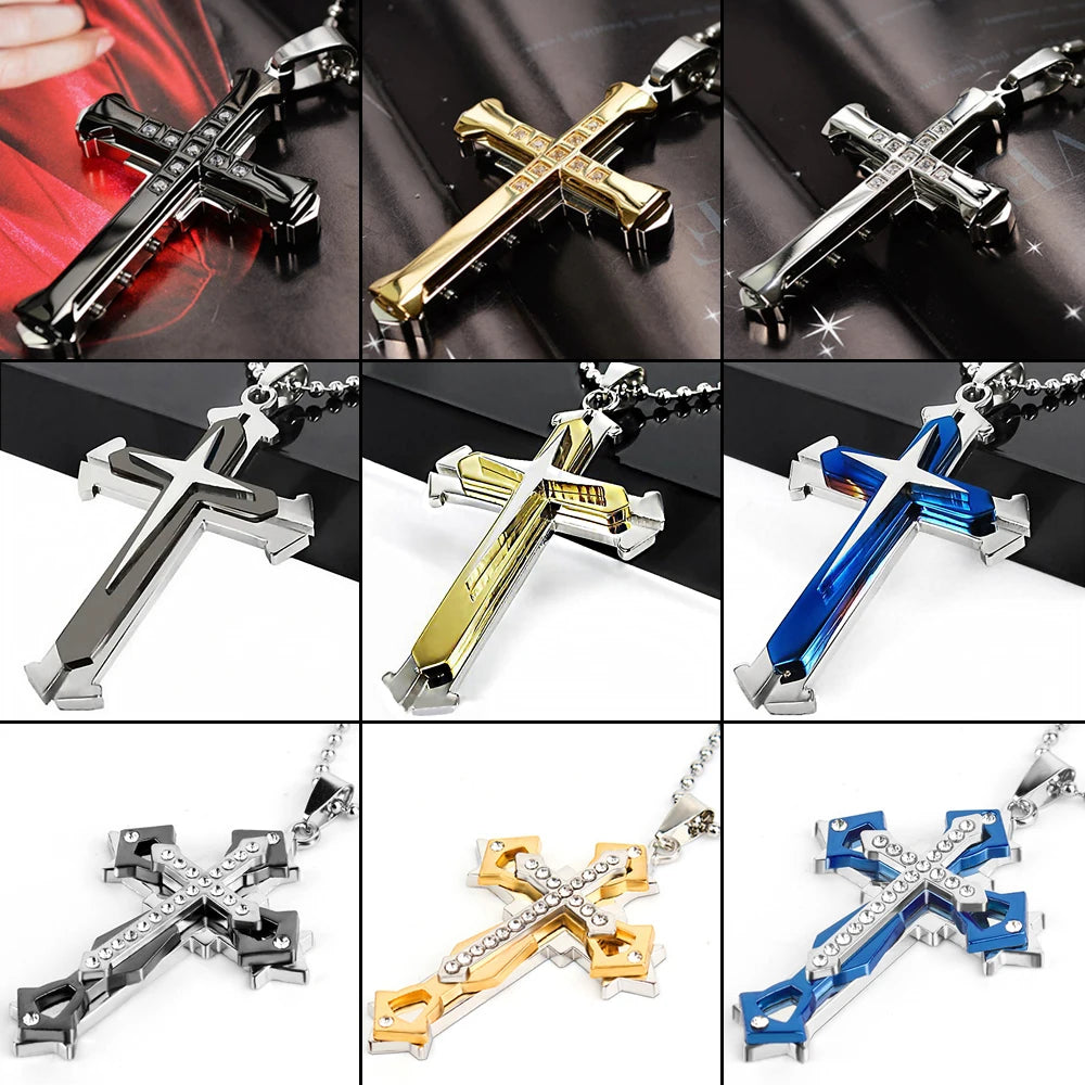 2025 Ins New Cross Pendant Necklace, Zircon Black Gold Color Stainless Steel Chain