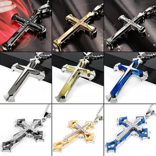 2025 Ins New Cross Pendant Necklace, Zircon Black Gold Color Stainless Steel Chain