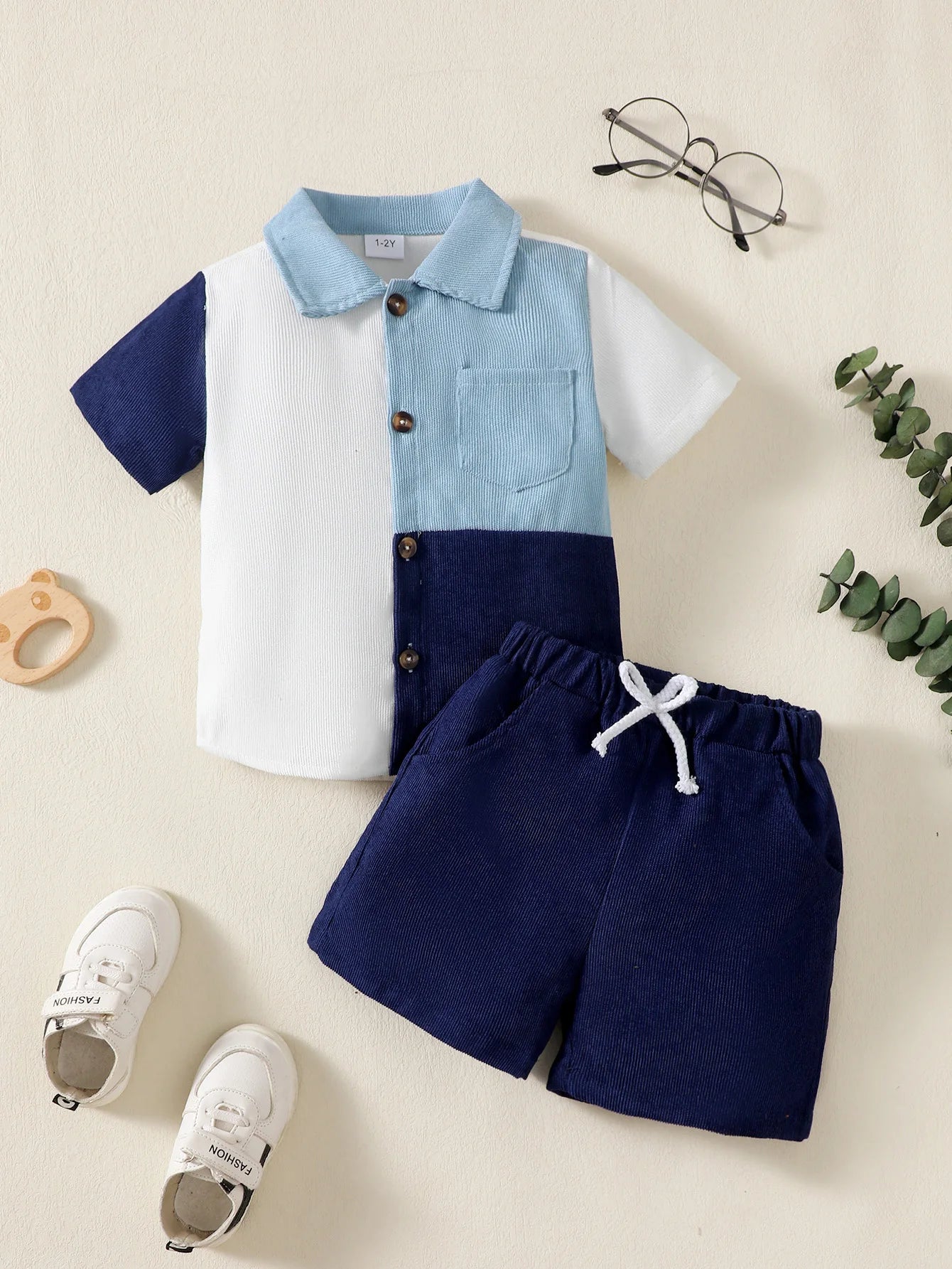 Boys' 2 Pcs Flip Collar Color Blocked Pit Stripe Top and Shorts Fashion Ages 1 - 6