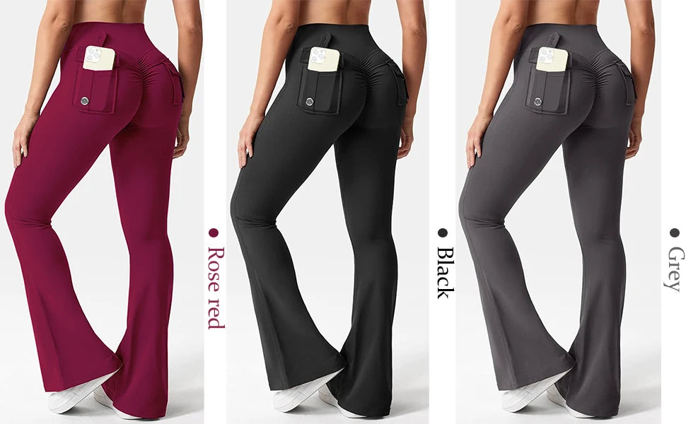Women's Yoga Flare Trousers, High-Waisted Tummy-Control Wide-Leg with Pockets, Multi-Colors