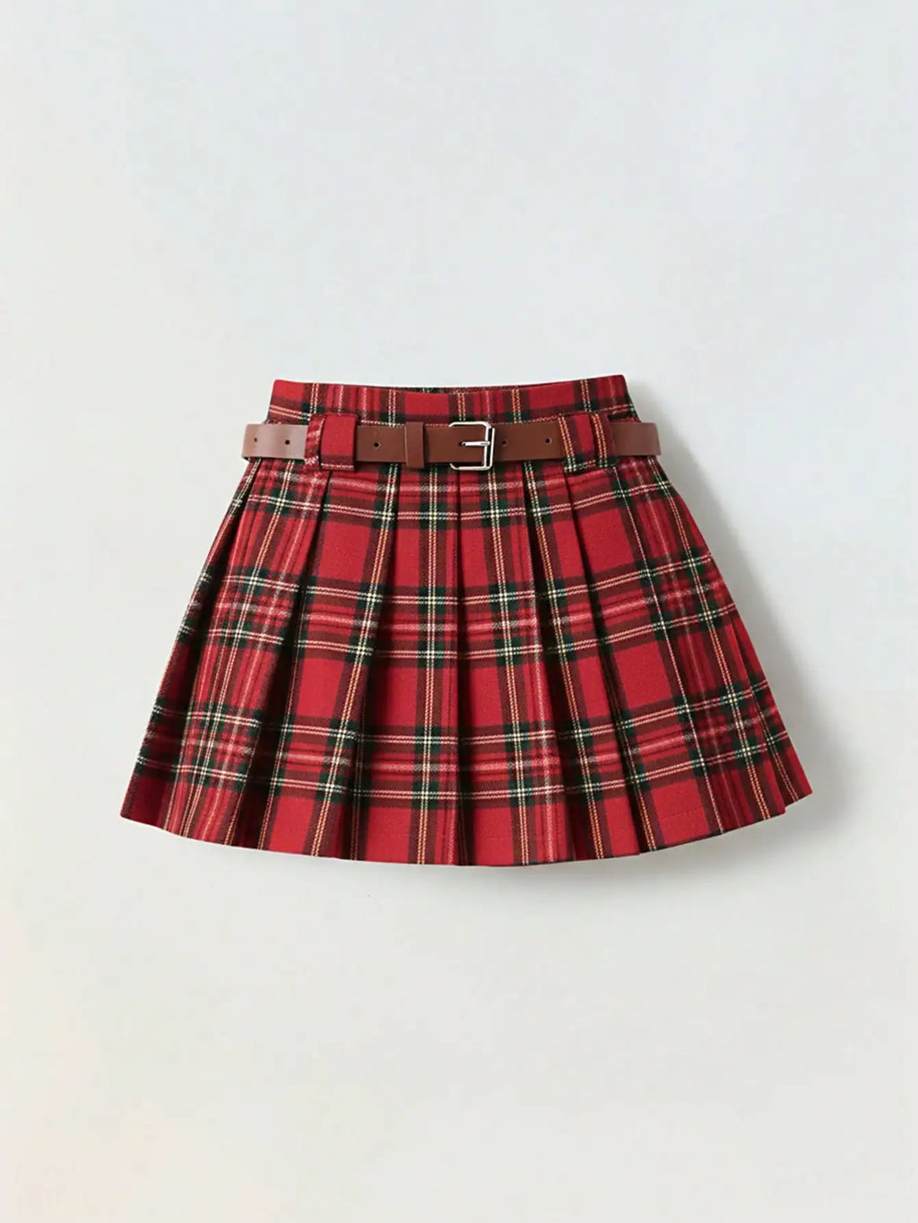 Girls Plaid Pleated Mini Skirt with Belt - Classic Checkered Design