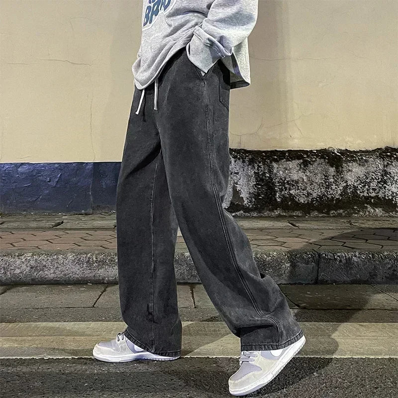Men's 2026 New Streetwear Loose Jeans, Wide Leg Pants, Black and Light Blue