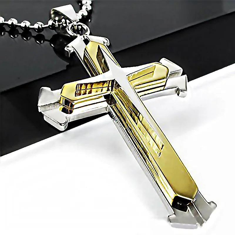 2025 Ins New Cross Pendant Necklace, Zircon Black Gold Color Stainless Steel Chain