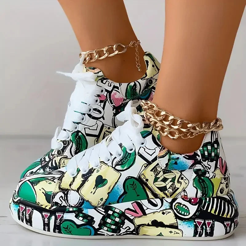 Women Sneakers Thick-Soled Hand-painted Graffiti Shoe
