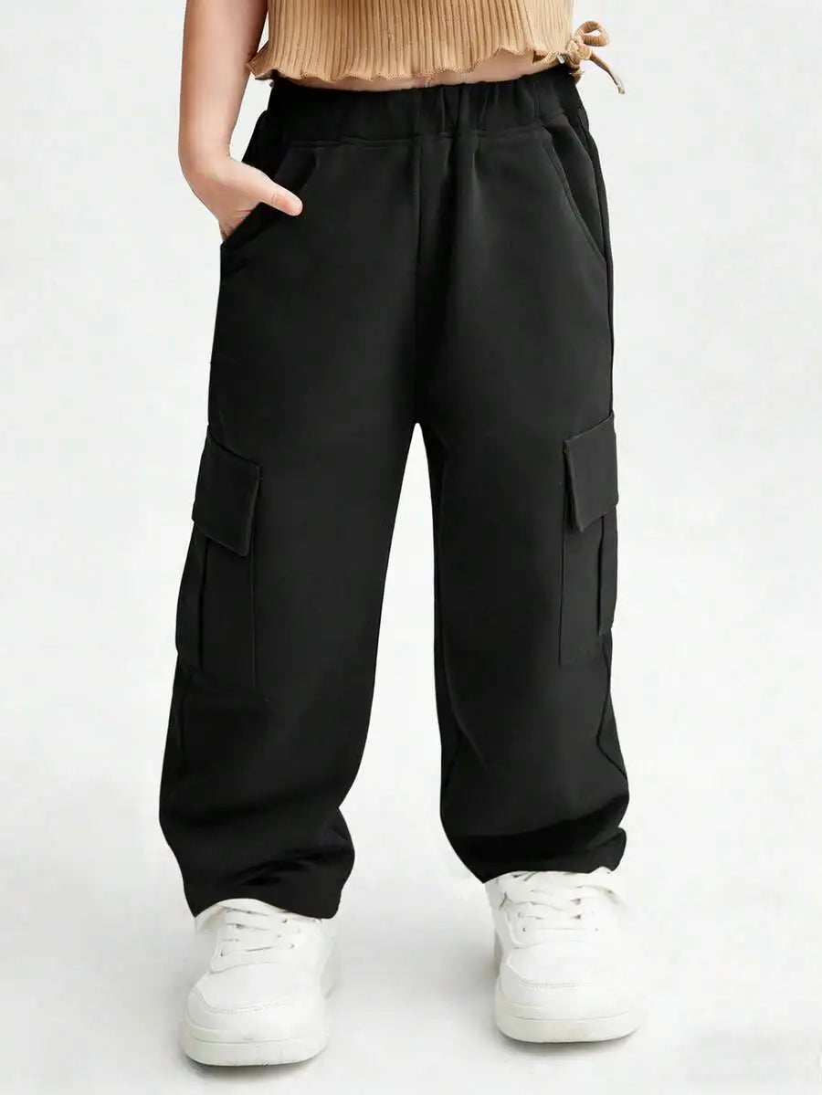 Loose Fit Cargo, Streetwear Style Wide Leg Trousers in Khaki & Black