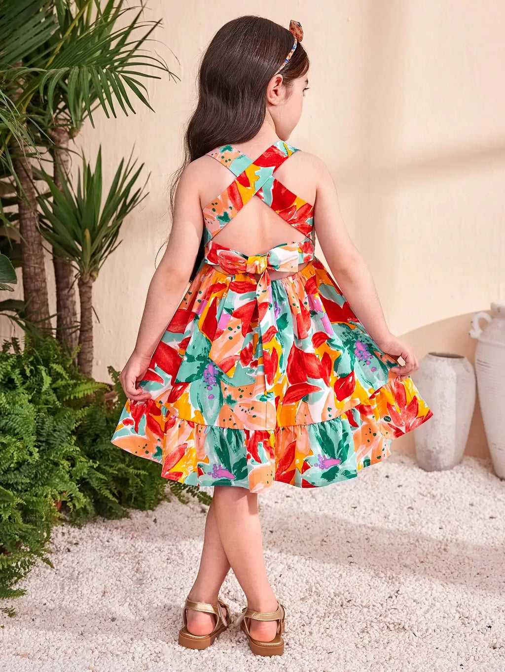 Girls Floral Print Tiered Dress with Cross-Back Bow & Elastic Waist for Summer
