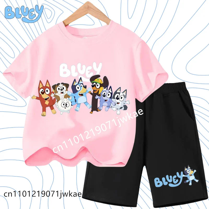 Boys and Girls Bluey Family 2Pc Summer Outfit Set Short Sleeve T-Shirt & Shorts, Choose Your Color