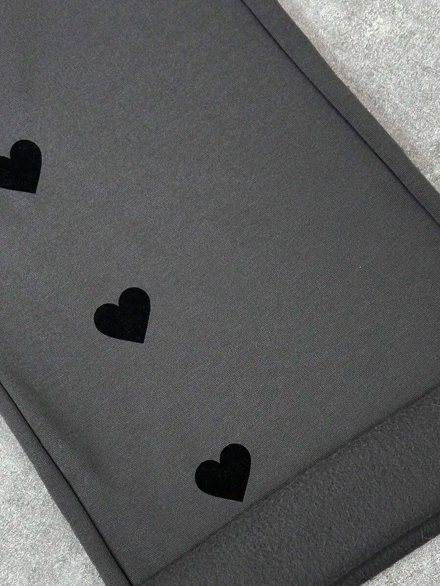 Gray Wide-Leg Sweatpants with Black Heart Print for Girls