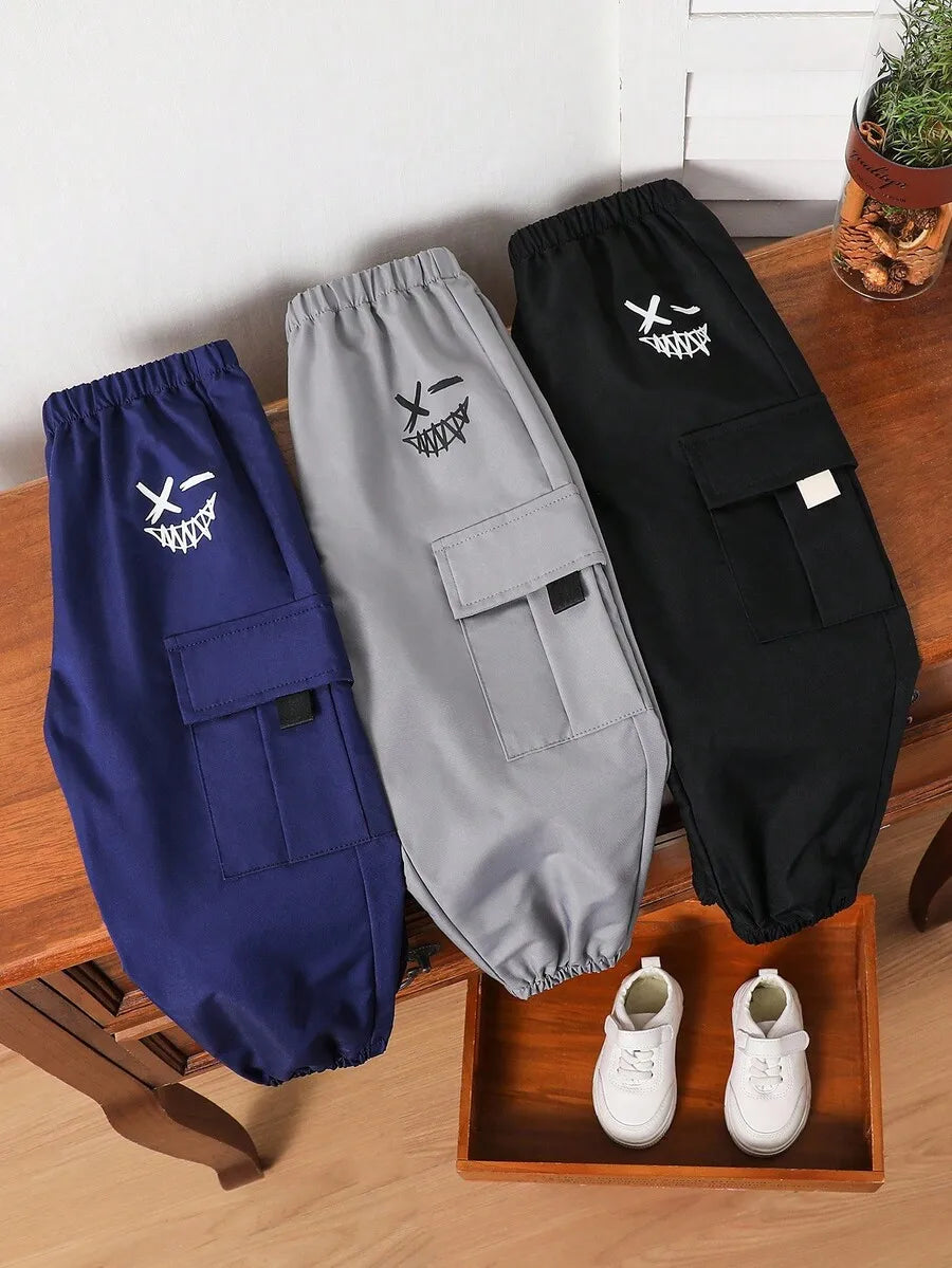 3-Pack Kids Loose Fit Cargo Pants with Drawstring Waist, Multicolor