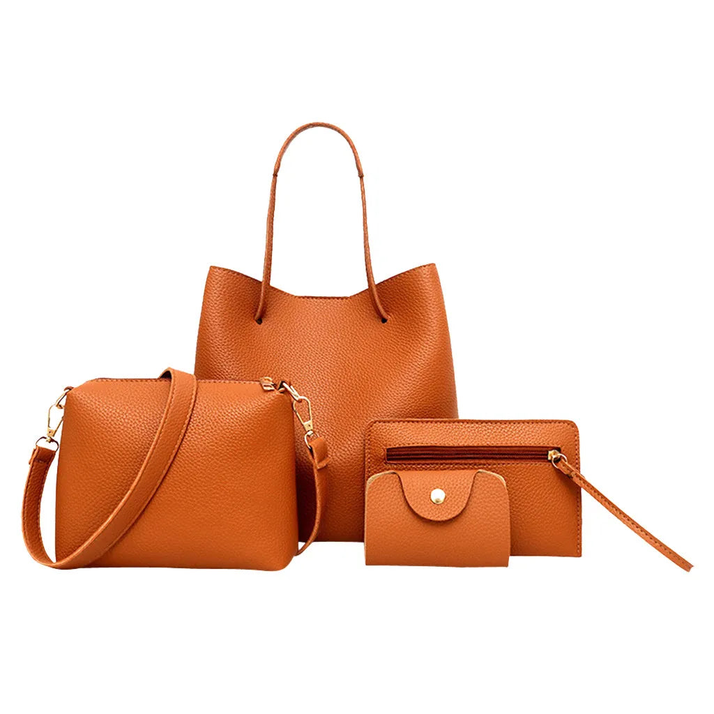 Women's Fashion Leather 4pcs Handbag Set, Shoulder Handbag, Crossbody Wallet, Multicolor to Choose from