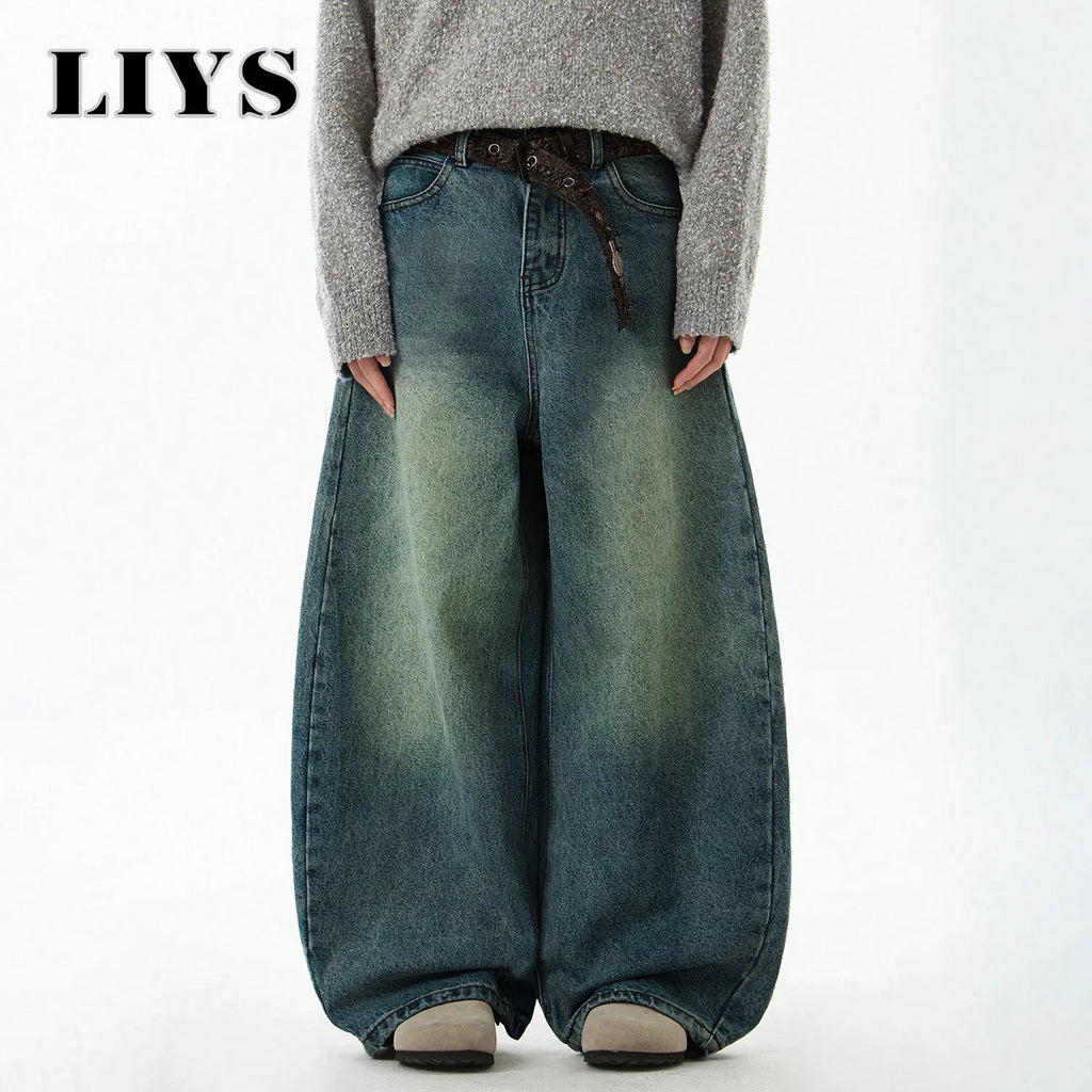 Men's Blue Wide-Leg Denim Baggy Jeans, Vintage Three-Dimensional Cut Curved Knife