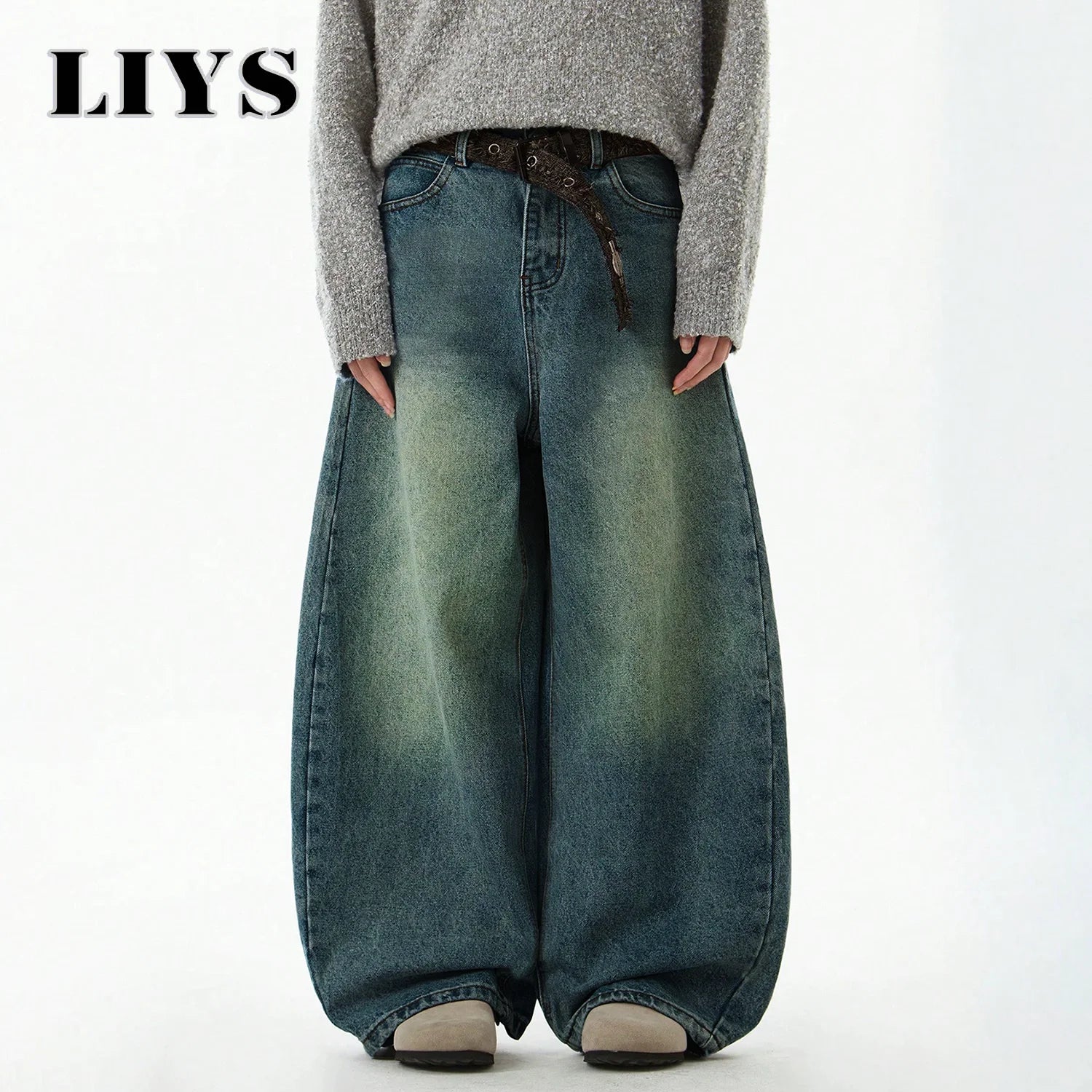 Men's Blue Wide-Leg Denim Baggy Jeans, Vintage Three-Dimensional Cut Curved Knife