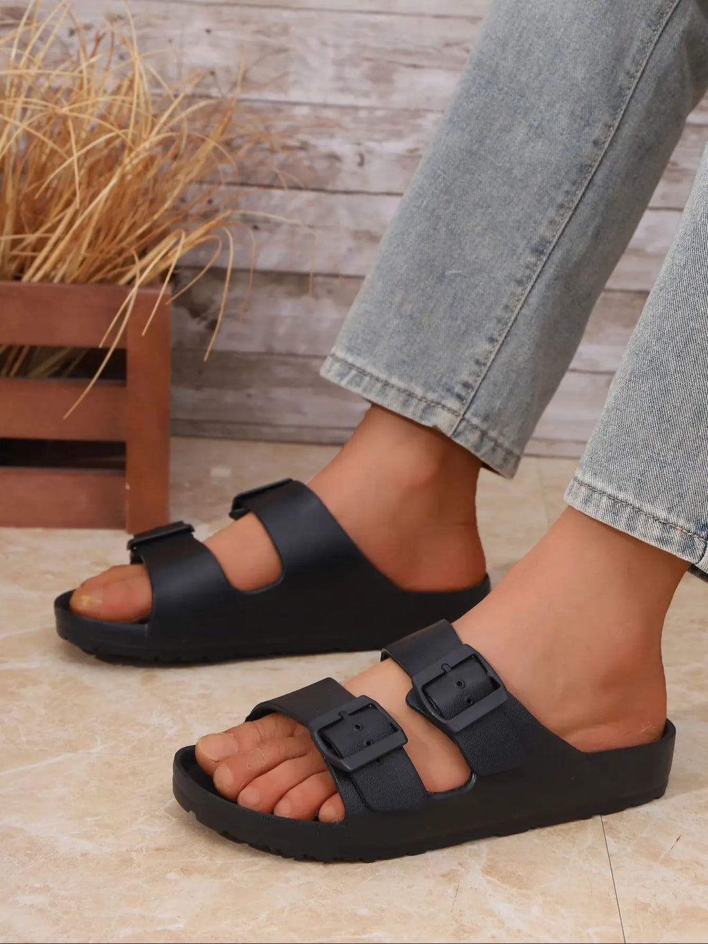 Men's Teen Mules New Summer Retro Casual Slip-On Slippers Molded Double-Strap Half-Slip Flat Slippers with Adjustable Buckle