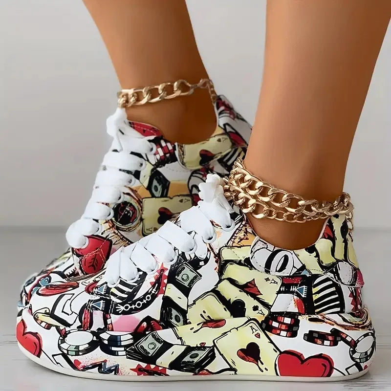 Women Sneakers Thick-Soled Hand-painted Graffiti Shoe