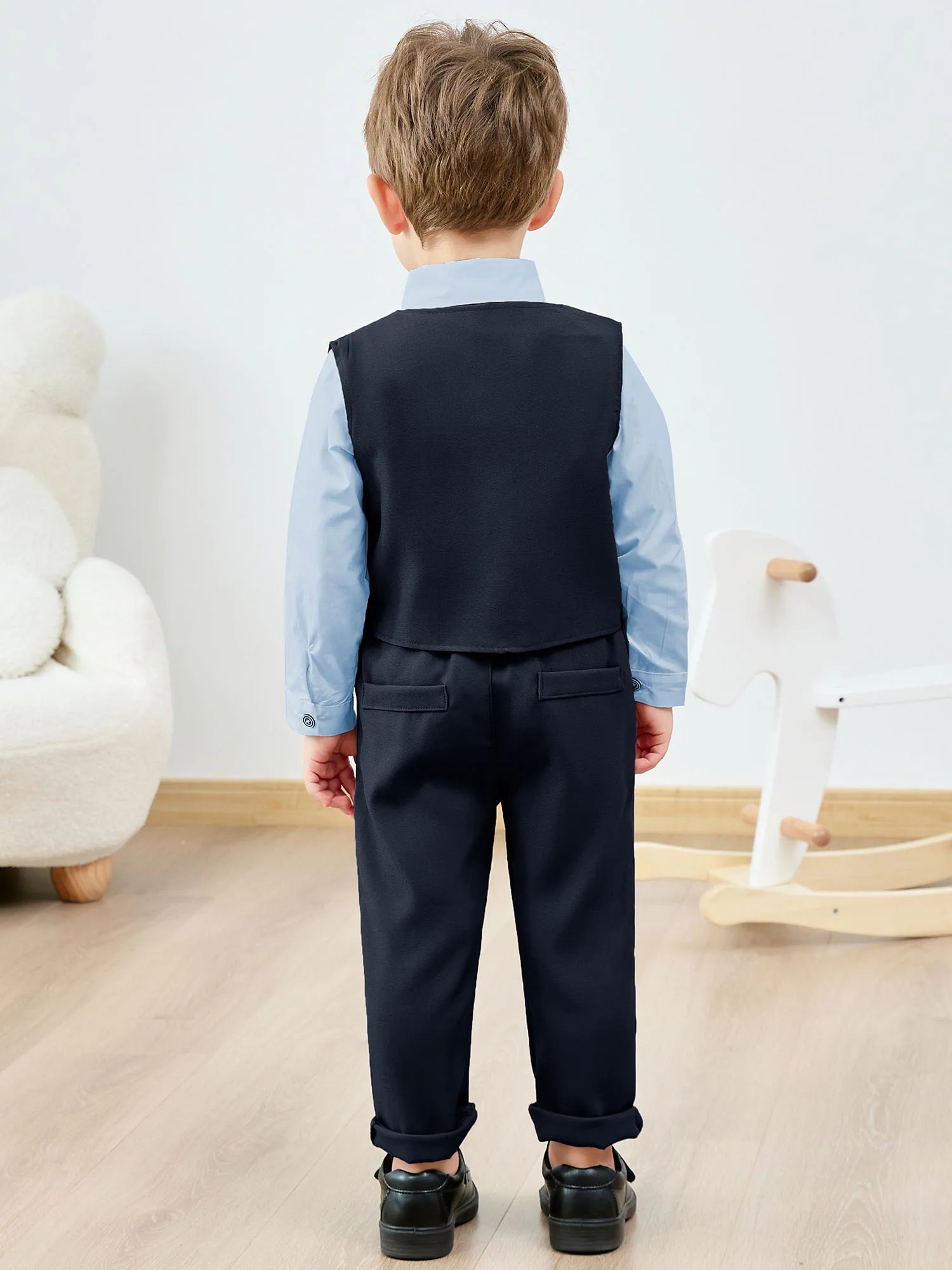 Toddler Boy Formal Wedding Outfit, Long Sleeve Shirt + Suspender Pants + Vest and Bowtie 1-5T