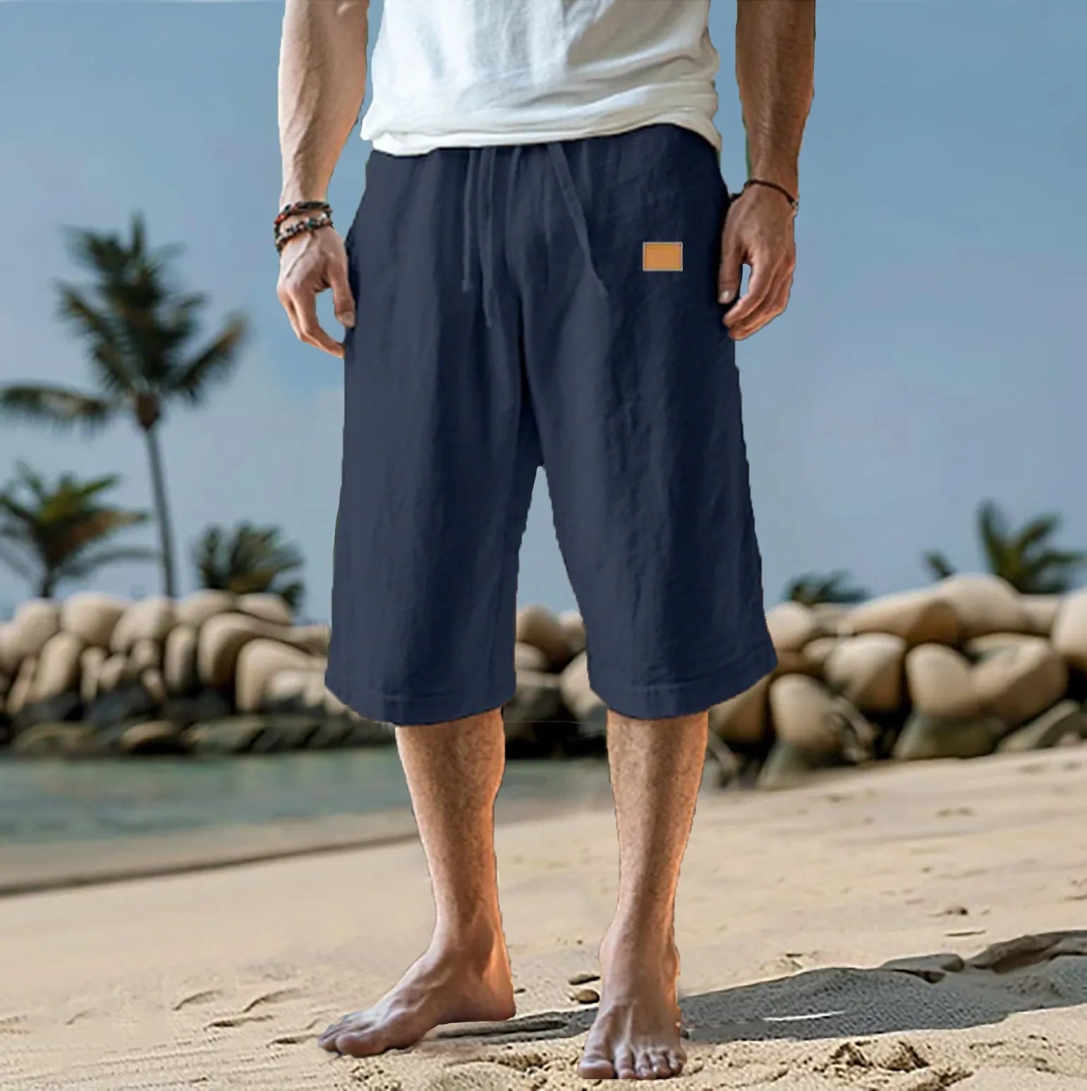 Men's Capri Pants, Lightweight Solid Color, Breathable6 Drawstring Cropped Capris