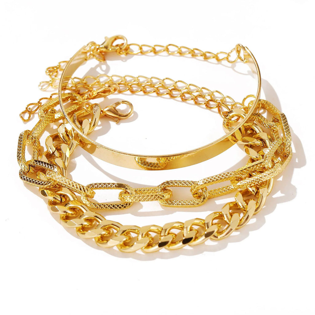 Bohemian Chain Bracelet Set, Gold Color, Thick Link Chain, Open Bangle Fashion Jewelry