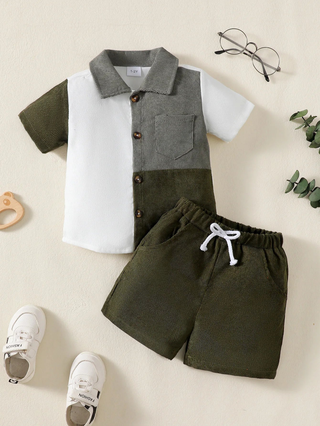 Boys' 2 Pcs Flip Collar Color Blocked Pit Stripe Top and Shorts Fashion Ages 1 - 6