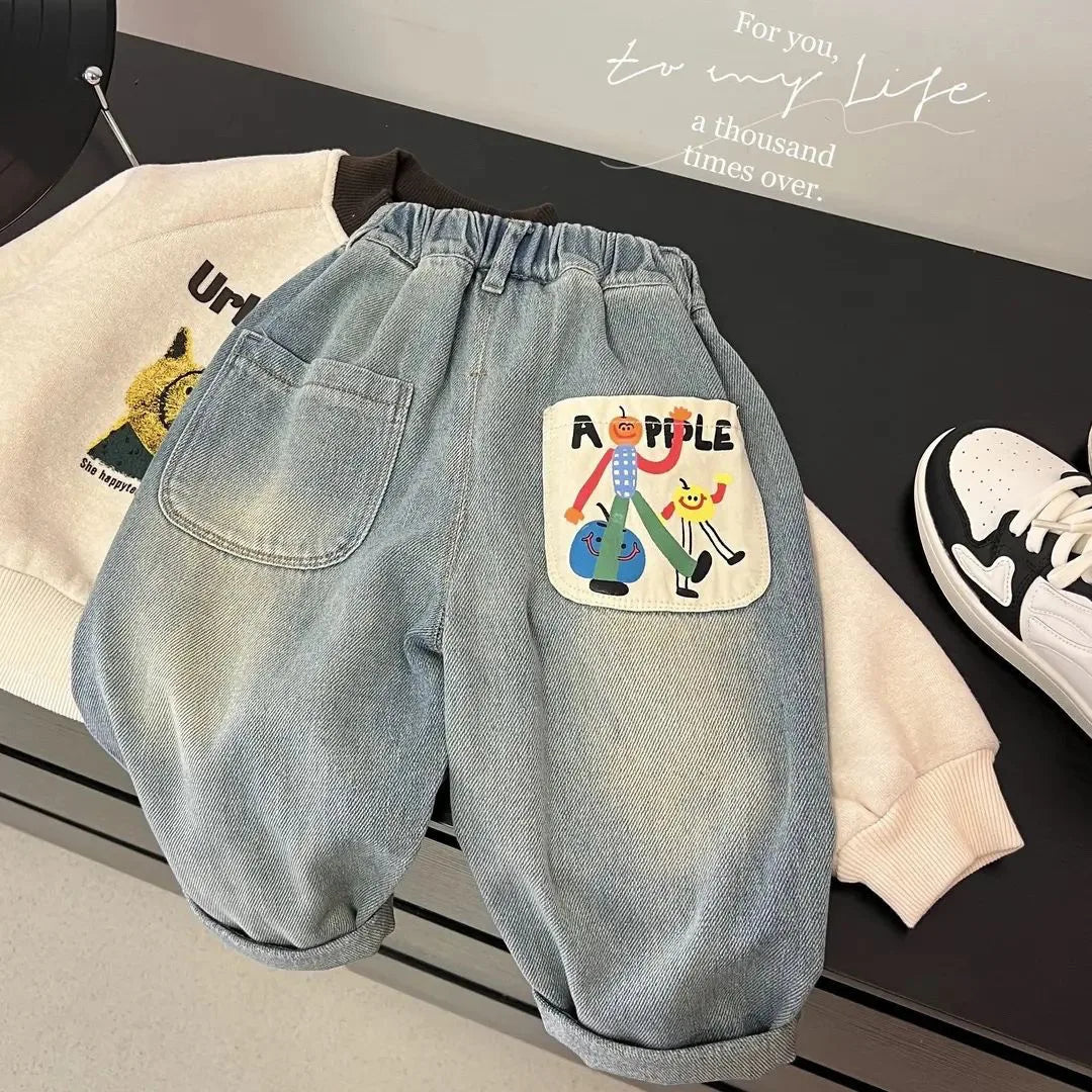 Toddler Boys Denim Pants Cotton Anime Pattern Jeans, Loose Elastic Waist
