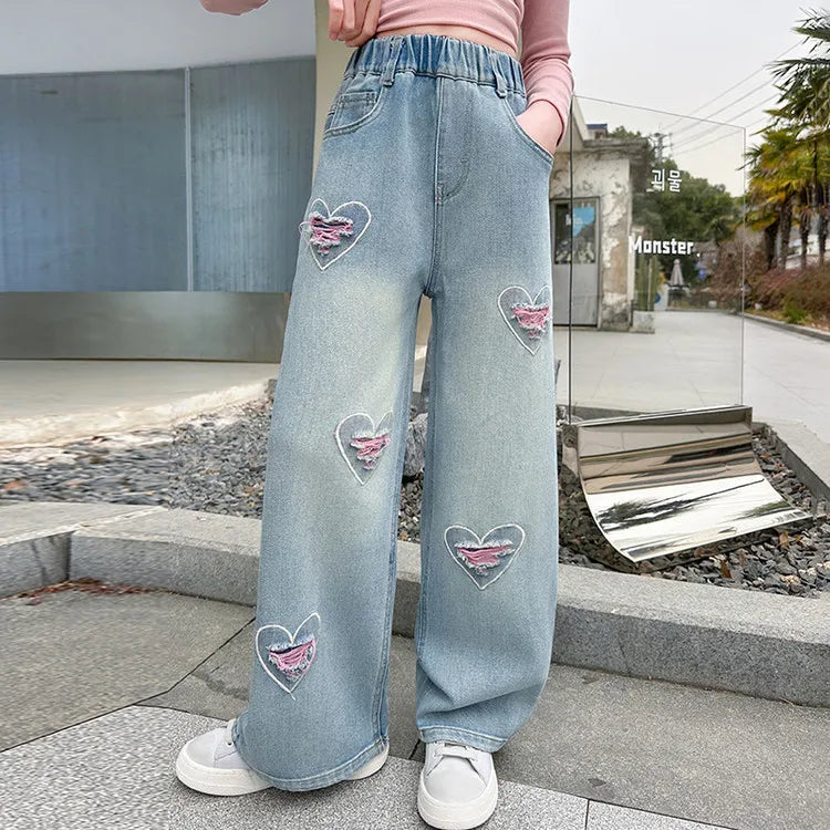 New Teenage Girls Jeans, Full Print Bow Embroidery, Hearts and Stars Fashion Wide-Leg Denim, Ages 7-14