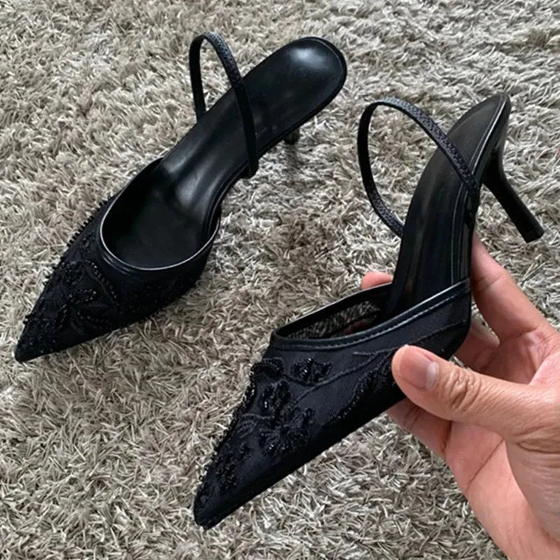 Brown String Bead Mesh Embroider Slingback High Heels Women Sexy Pointed Toe Heeled Sandals