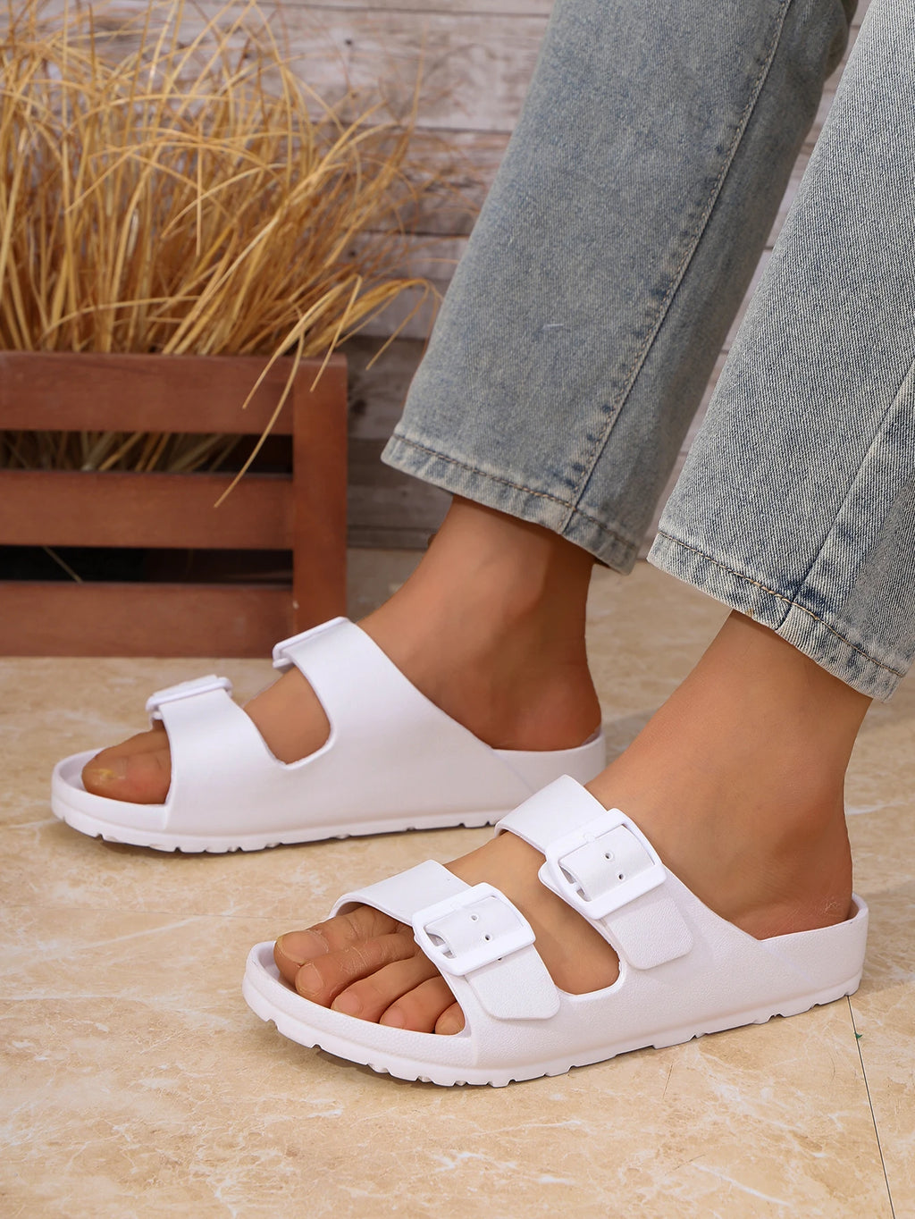 Men's Teen Mules New Summer Retro Casual Slip-On Slippers Molded Double-Strap Half-Slip Flat Slippers with Adjustable Buckle