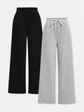 【2-piece set】 Girls' Fashionable and Versatile Black and Grey Knitted Fabric, Loose Casual Wide-Leg Pants