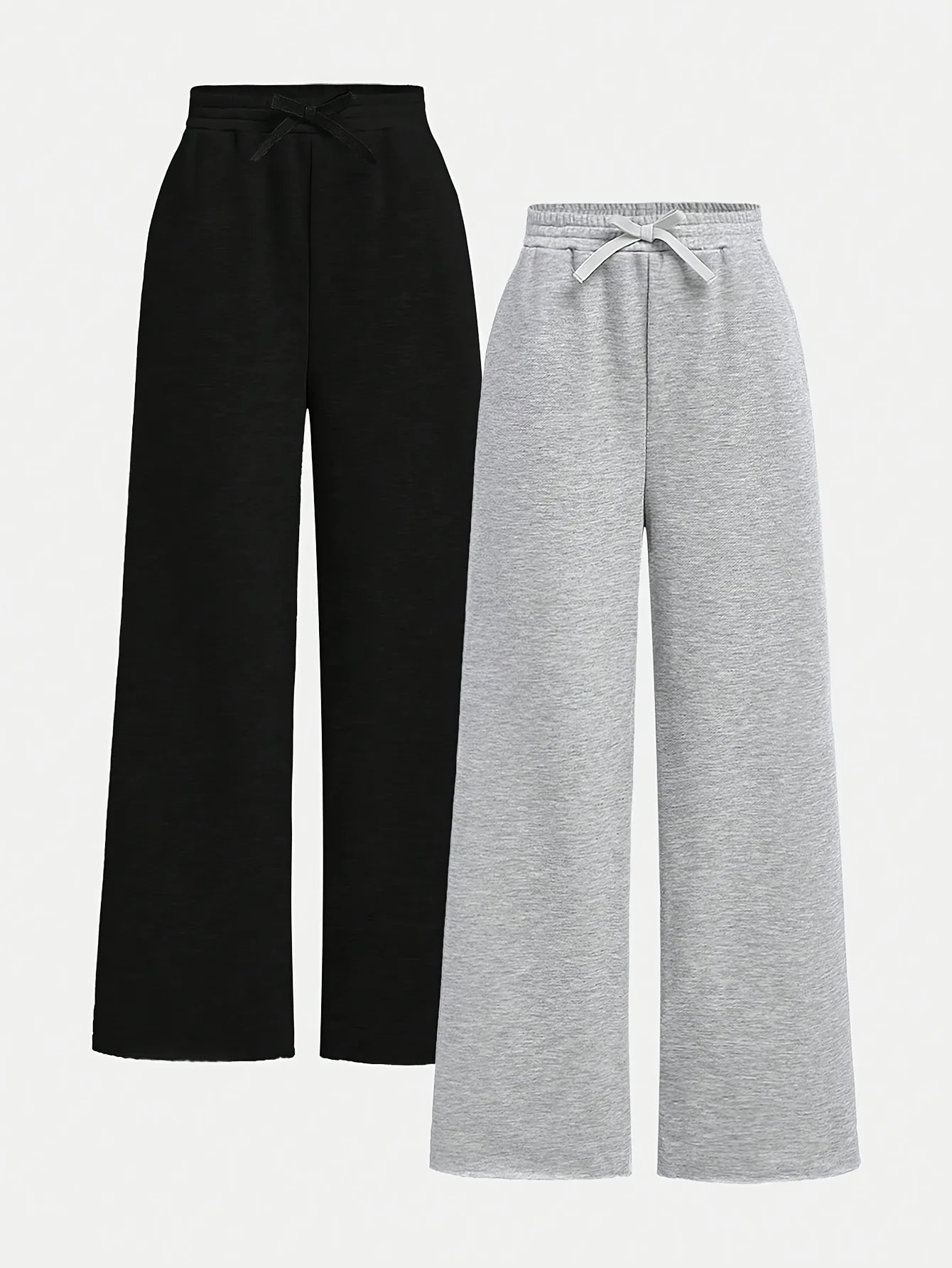 【2-piece set】 Girls' Fashionable and Versatile Black and Grey Knitted Fabric, Loose Casual Wide-Leg Pants