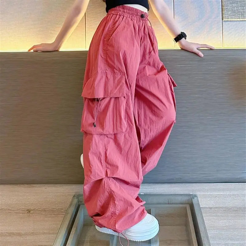New Summer Streetwear Cargo Pants for Teenage Girls, Baggy Wide Leg