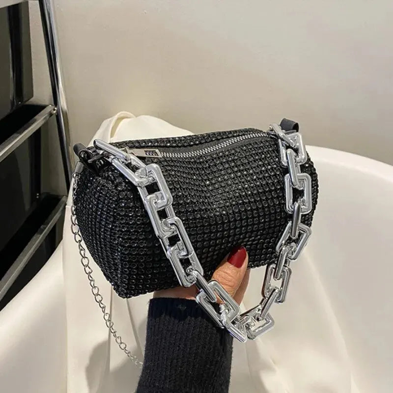 Women's Allover Rhinestone Bucket Bag with Glitter Chain