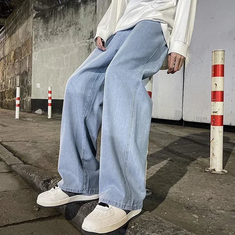 Men's 2026 New Streetwear Loose Jeans, Wide Leg Pants, Black and Light Blue