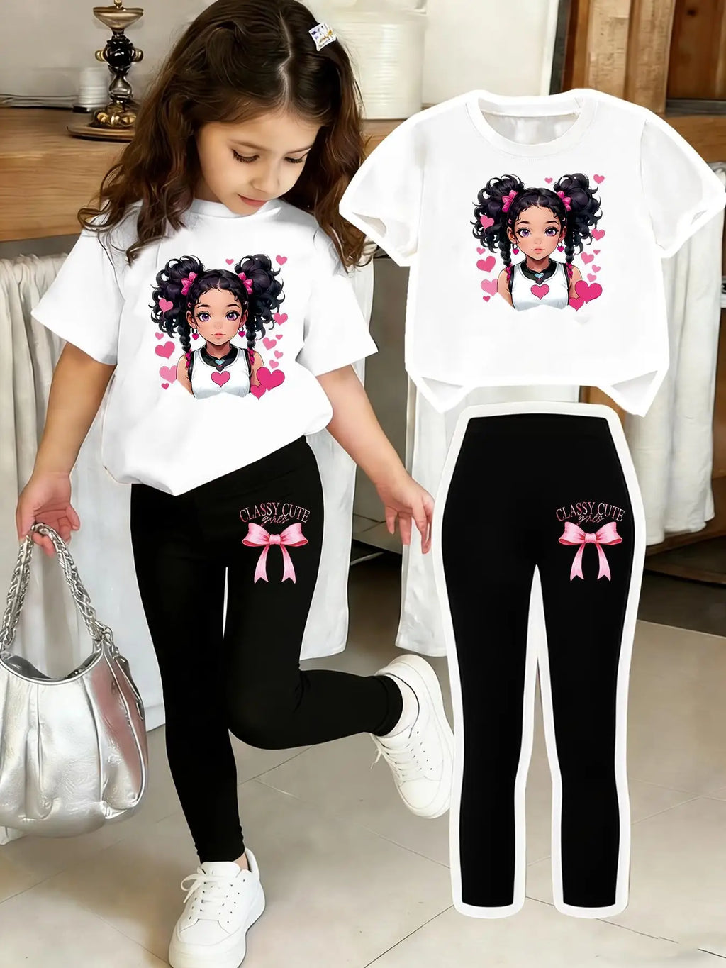 Girls' Two-Piece Set with Bow Print Pants and Printed Top, Suitable for 4-12 Yr