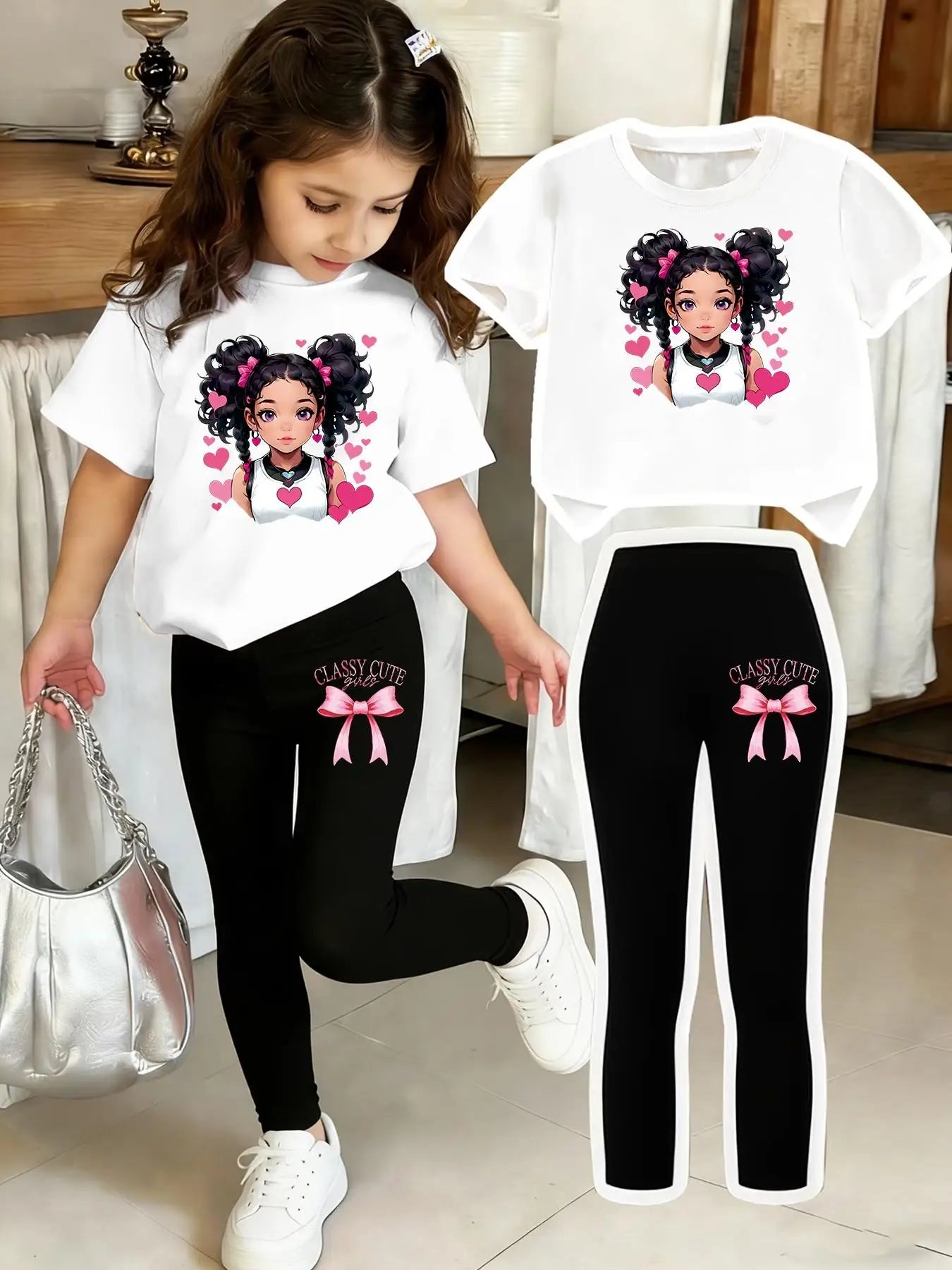 Girls' Two-Piece Set with Bow Print Pants and Printed Top, Suitable for 4-12 Yr
