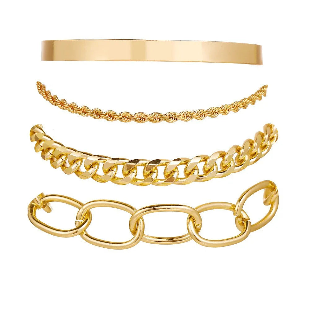 Bohemian Chain Bracelet Set, Gold Color, Thick Link Chain, Open Bangle Fashion Jewelry
