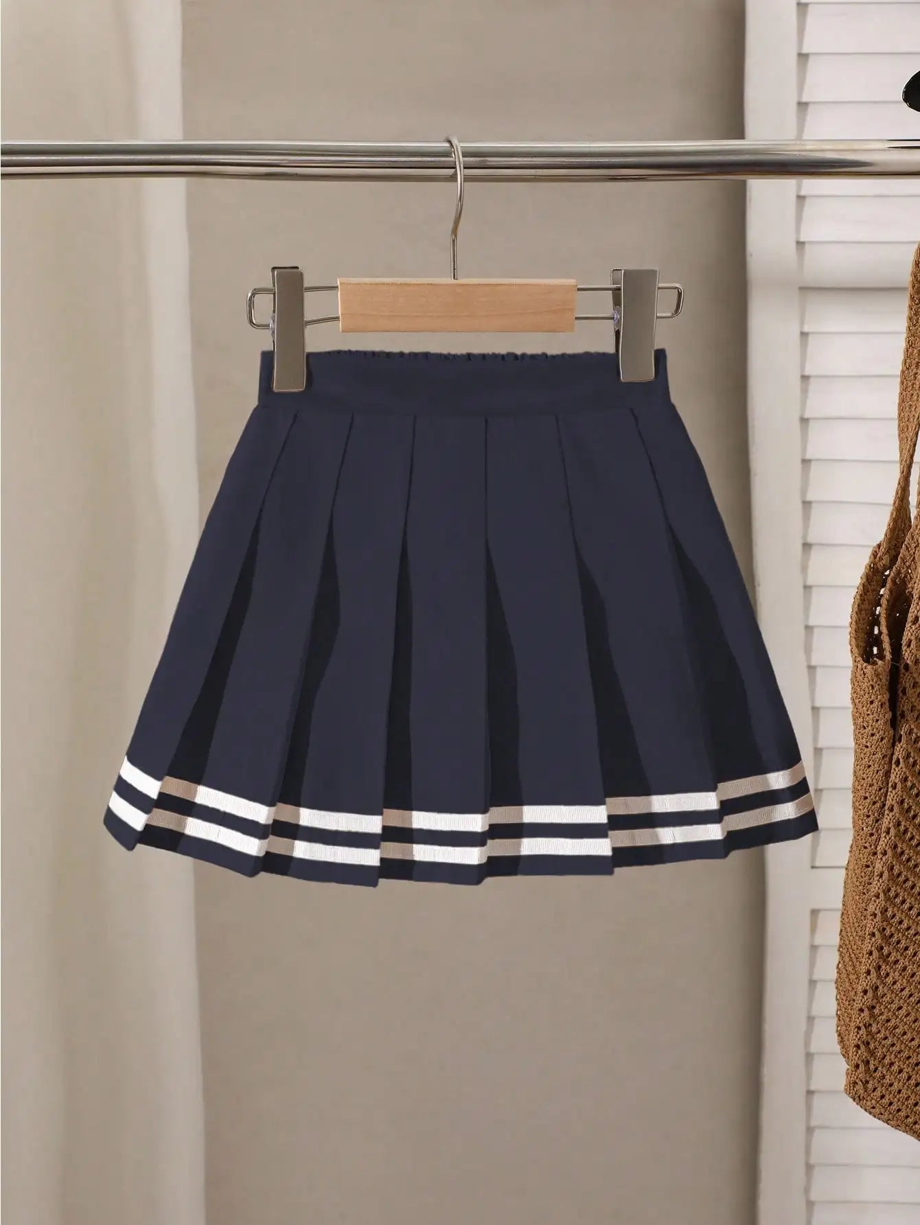 Navy Blue Pleated Skirt for Girls with White Stripe Trim and Elastic Waist