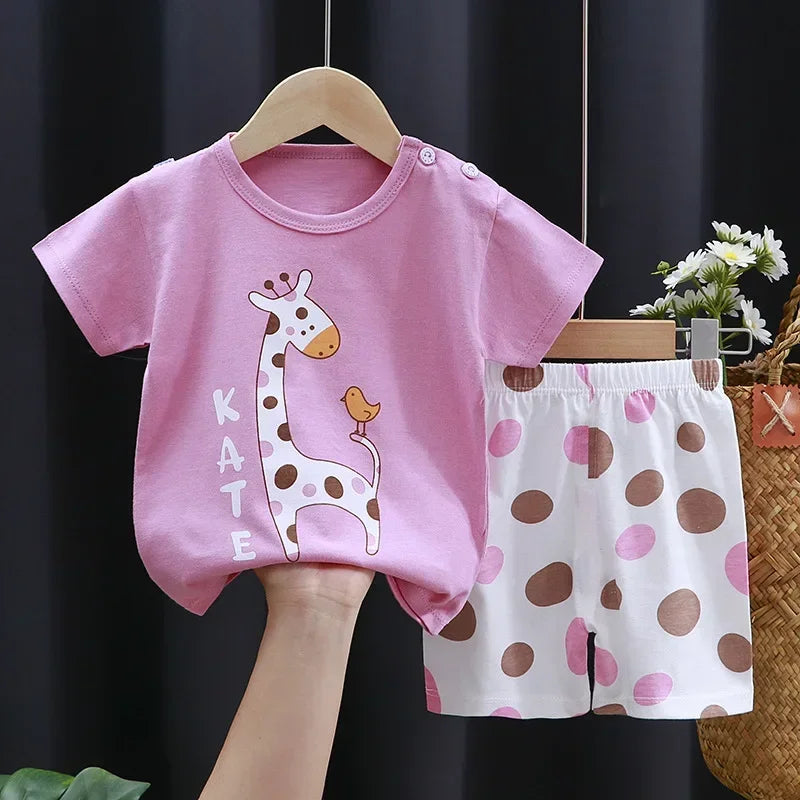 2PCS Children's Sets, Boys and Girls Summer Cotton Short Sleeve T-Shirt & Shorts
