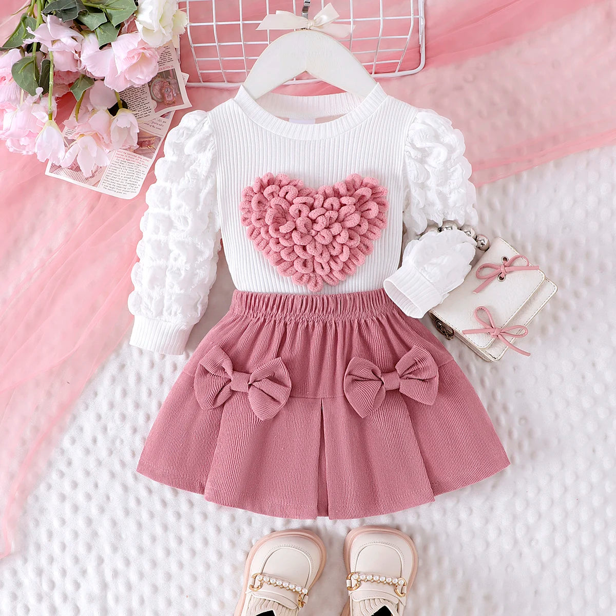 2PCS New Style for 0-3 Yr old Girls, Comfortable, Sweet and Cute Bubble Sleeves Top + Pink Short Skirt Set