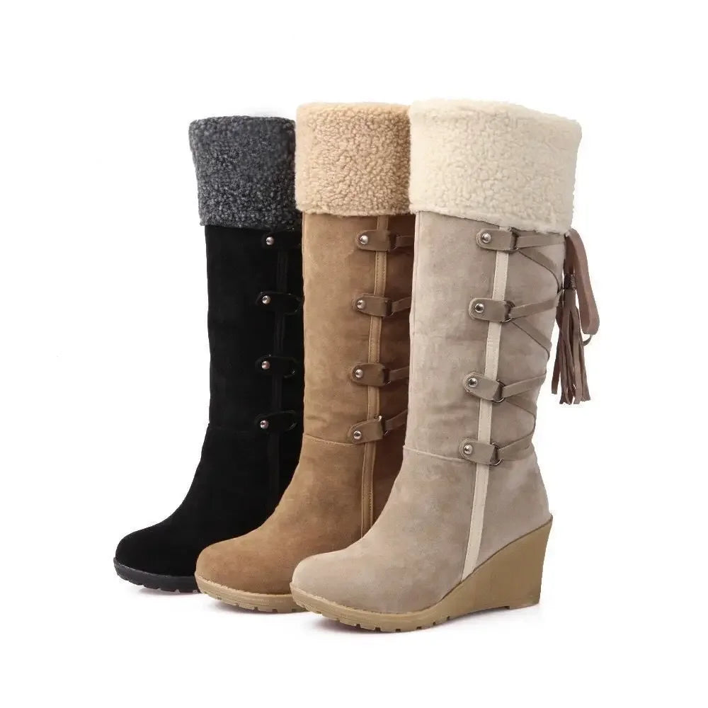 Large Size Women's Furry High-Top Booties with Buckle Snow Boots