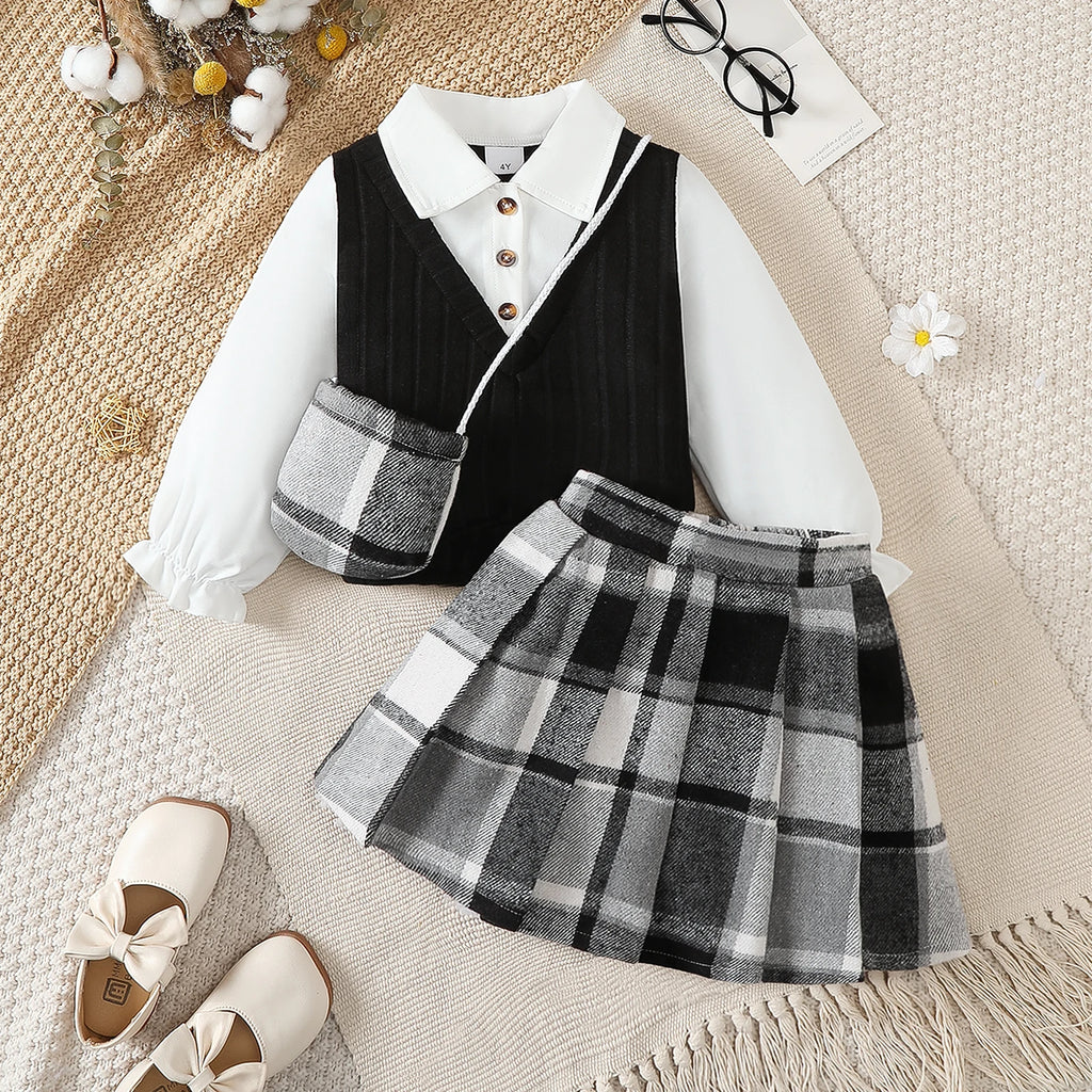 3Pcs Girl Set, Top and Checkered Skirt with a Mini Bag 4-7 Year