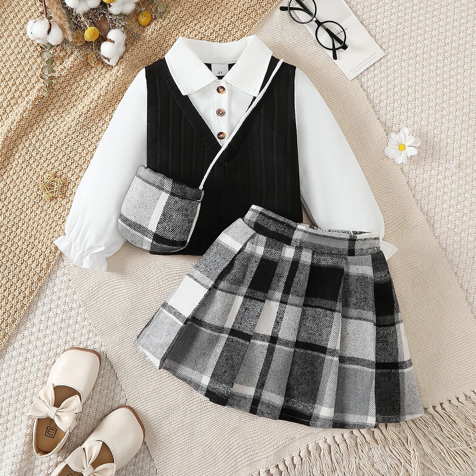 3Pcs Girl Set, Top and Checkered Skirt with a Mini Bag 4-7 Year