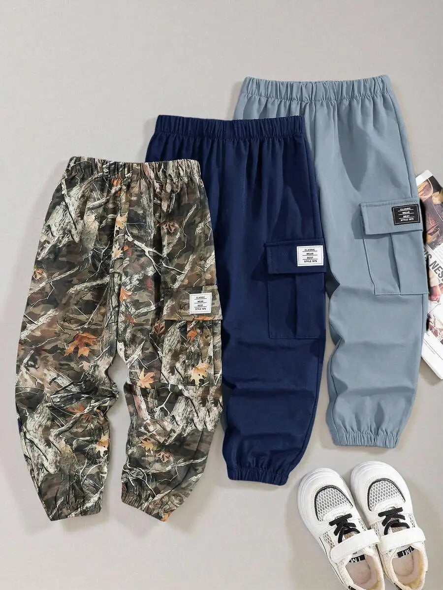 3-Pack Kids Loose Fit Cargo Pants with Drawstring Waist, Multicolor