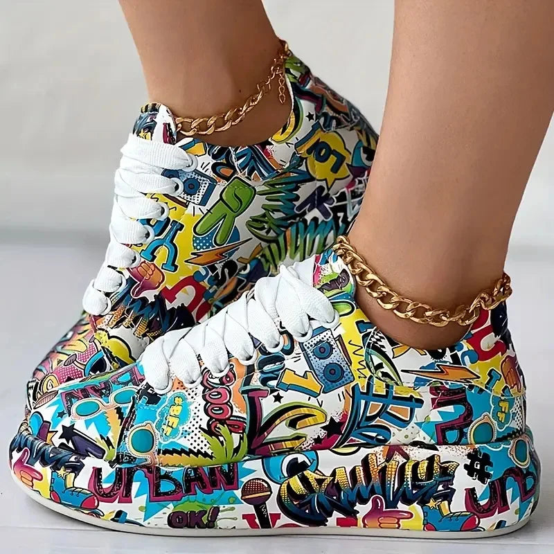 Women Sneakers Thick-Soled Hand-painted Graffiti Shoe