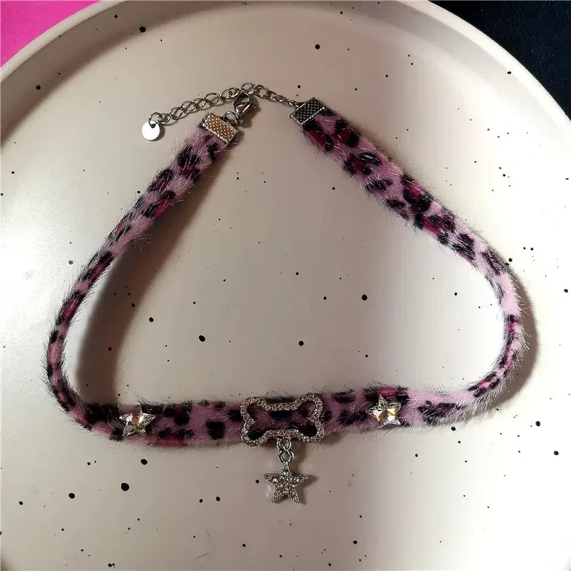 Y2K Cat Claw Star Heart Pendant, Plush Leopard Bone Choker,