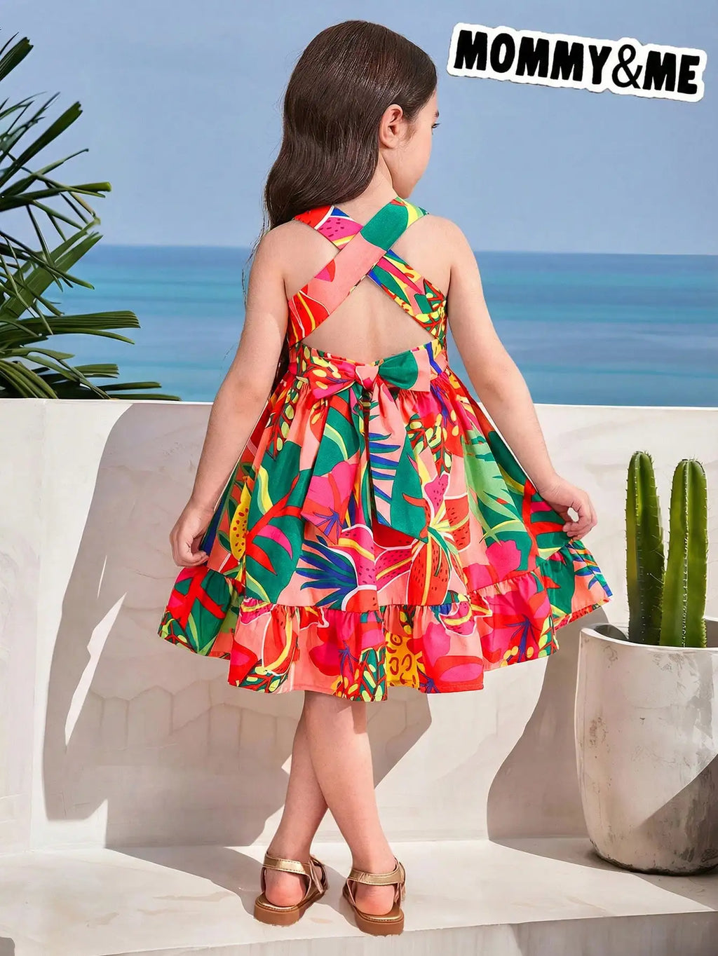 Girls Floral Print Tiered Dress with Cross-Back Bow & Elastic Waist for Summer