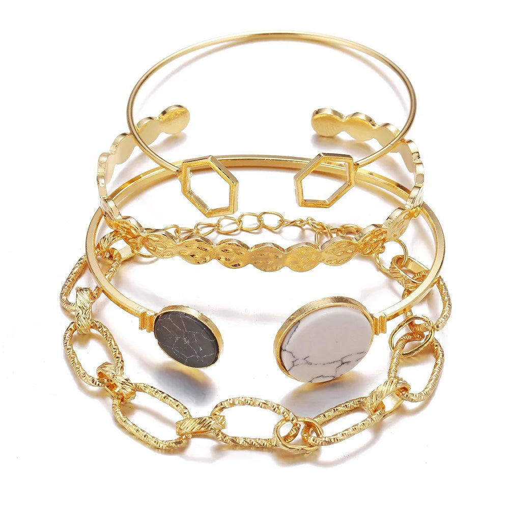 Bohemian Chain Bracelet Set, Gold Color, Thick Link Chain, Open Bangle Fashion Jewelry
