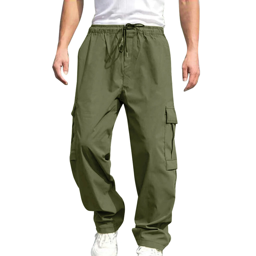 Men s Loose Cargo Long Pants Solid Color Drawstring Waist Straight Leg with Pockets